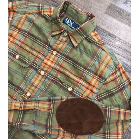 Vintage Polo Ralph Lauren Shirt Men Small Flannel Green Shirt Plaid Elbow Patch - Picture 1 of 6